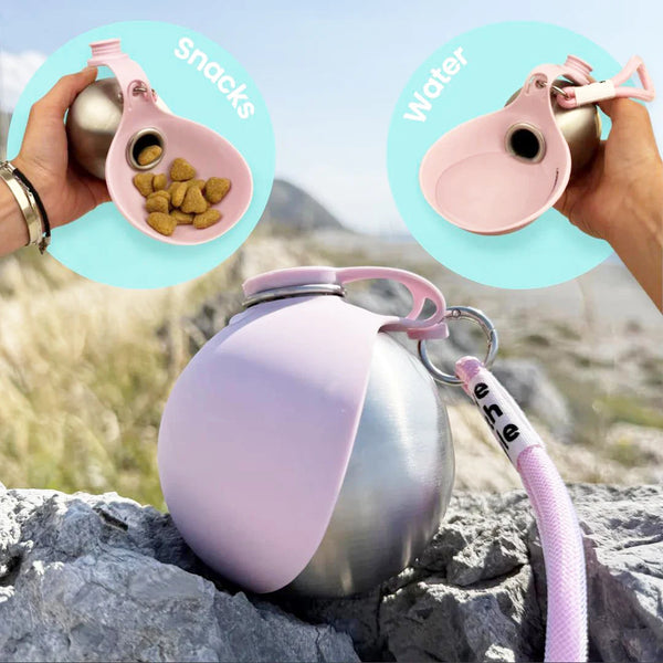 Comvoria HydroPaw stainless steel pet water bottle with attached silicone drinking bowl