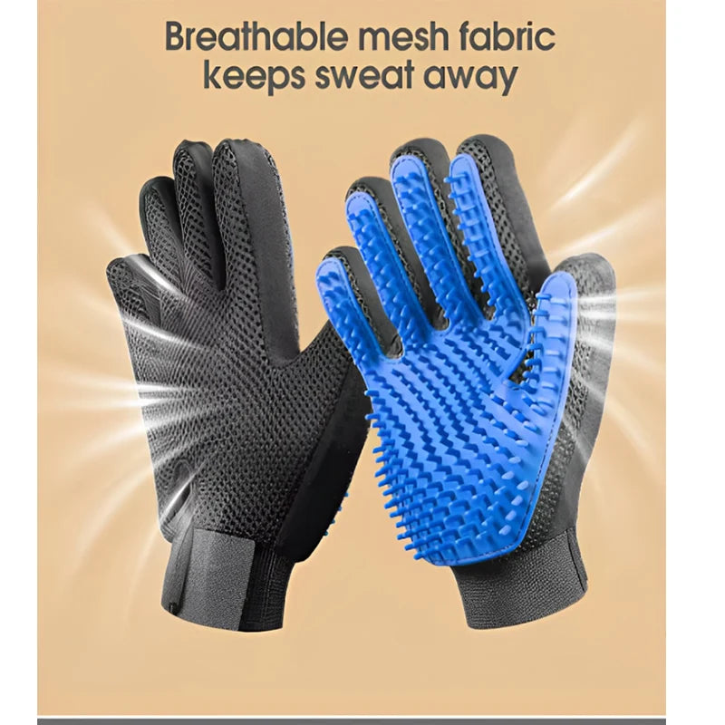 Pet grooming glove used to brush a dog's coat