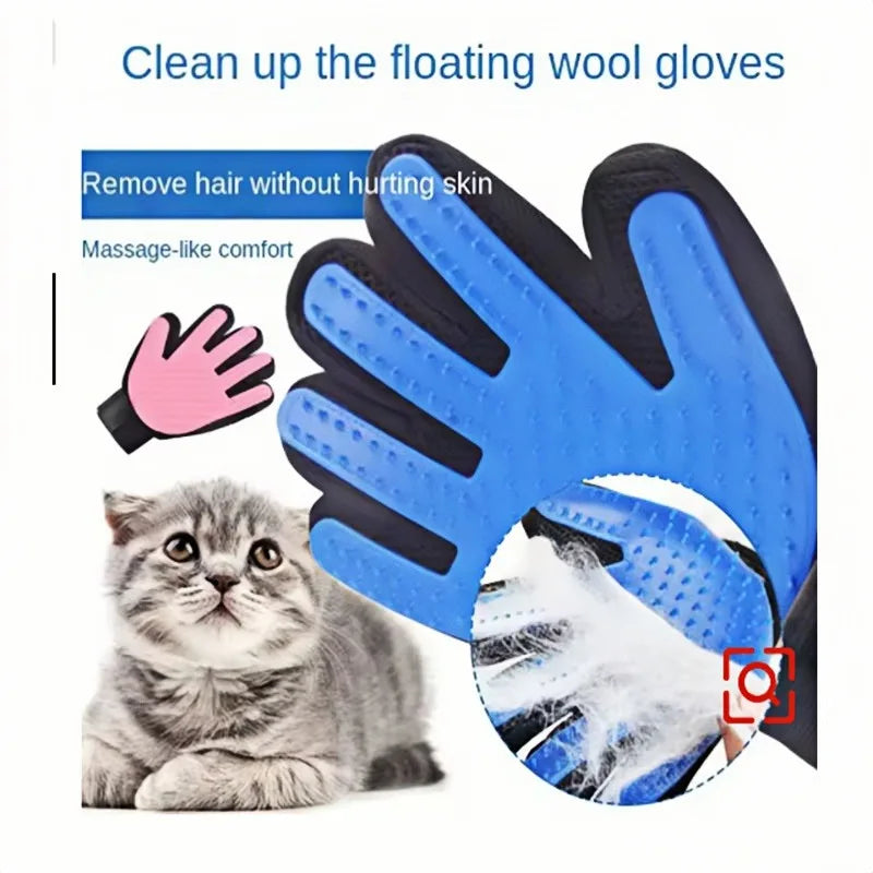 Silicone pet grooming glove removing loose fur from a pet's coat