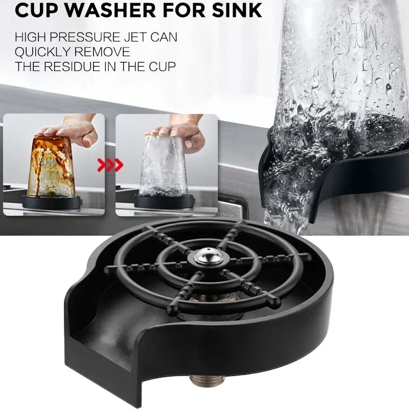 A glass being rinsed on the Comvoria Glass Sink Rinser